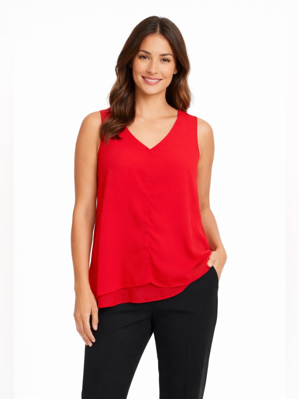 Frank Lyman Design Bright Red V-Neck Sleeveless Blouse Tiered Hem Sz 12